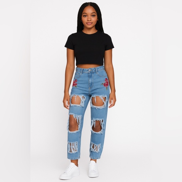 High-Waisted Distressed Rose Patch Jeans for Women – Trendy Shredded Denim - Picture 1 of 8